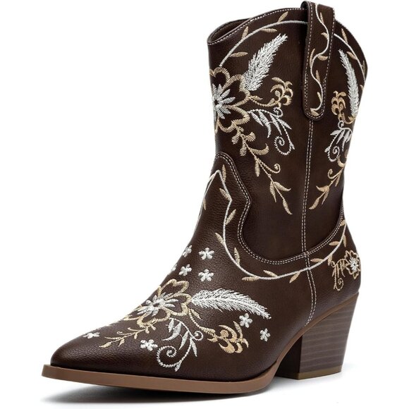 Anjoufemme Mid-Calf Boot Women Brown Embroidered Round-toe - Picture 1 of 9